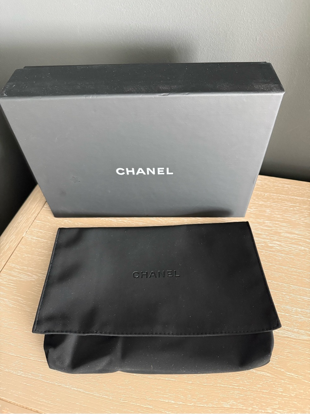 CHANEL Gift Box & Black Velvet Textured Toiletry Pouch with Embossed Logo